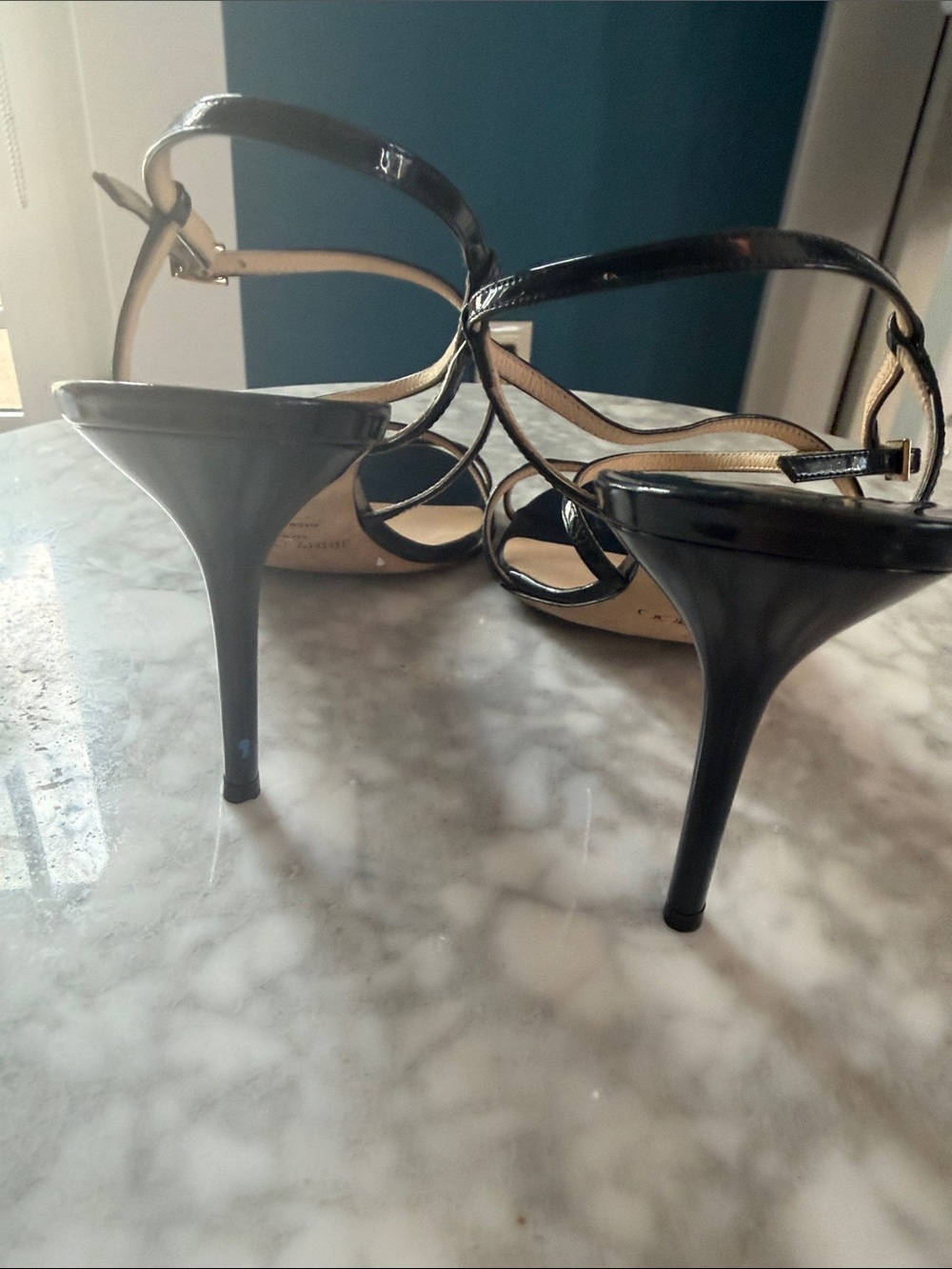 Jimmy Choo Dark Navy Patent Leather Sandals - like new on top, scuffed soles - Picture 12 of 12